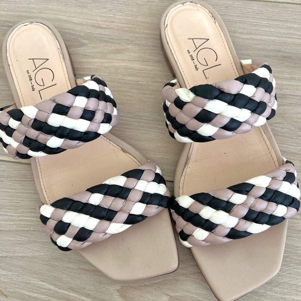 AGL woven sandals / pink white black braided strap slides / size 40 EU 9 US - Picture 3 of 7
